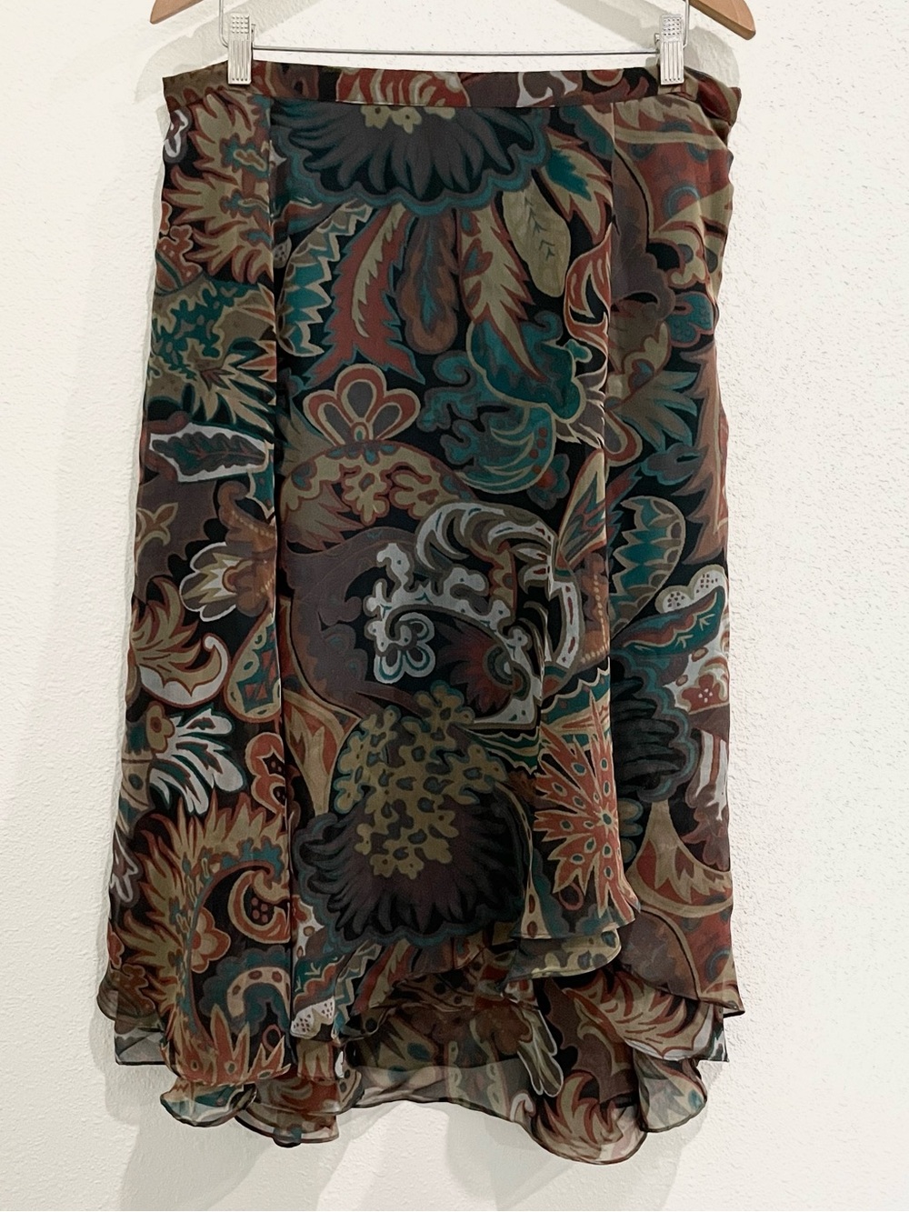 Vintage Mesh Paisley Y2K Midi Skirt Ruffle Earth Tones